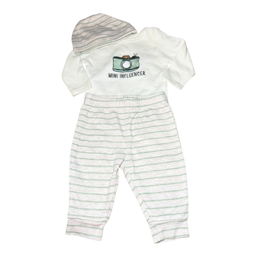 Modern Aesthetic Minibean Outfit Set 0-3M White Green Mini Influencer 3pc‎
